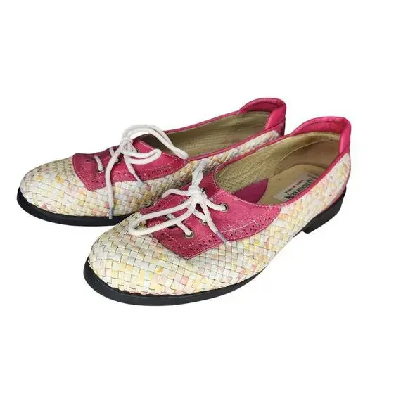 Aerogreen Women's Golf Shoes Pink Weave Leather Preppy Classic Retro 9 - Picture 3 of 6